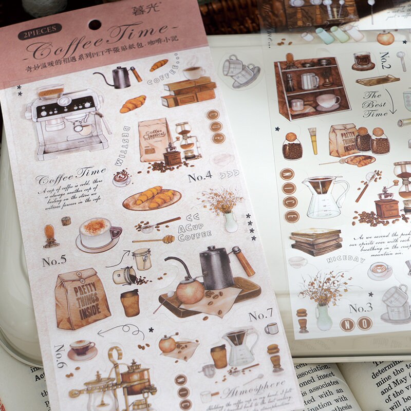 Retro Coffee Time Stickers | Reading Time Sticker Pack | Planner Sticker Set | Junk Journal Vintage Journaling Scrapbooking Collage Kit