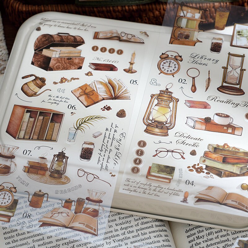 Retro Coffee Time Stickers | Reading Time Sticker Pack | Planner Sticker Set | Junk Journal Vintage Journaling Scrapbooking Collage Kit