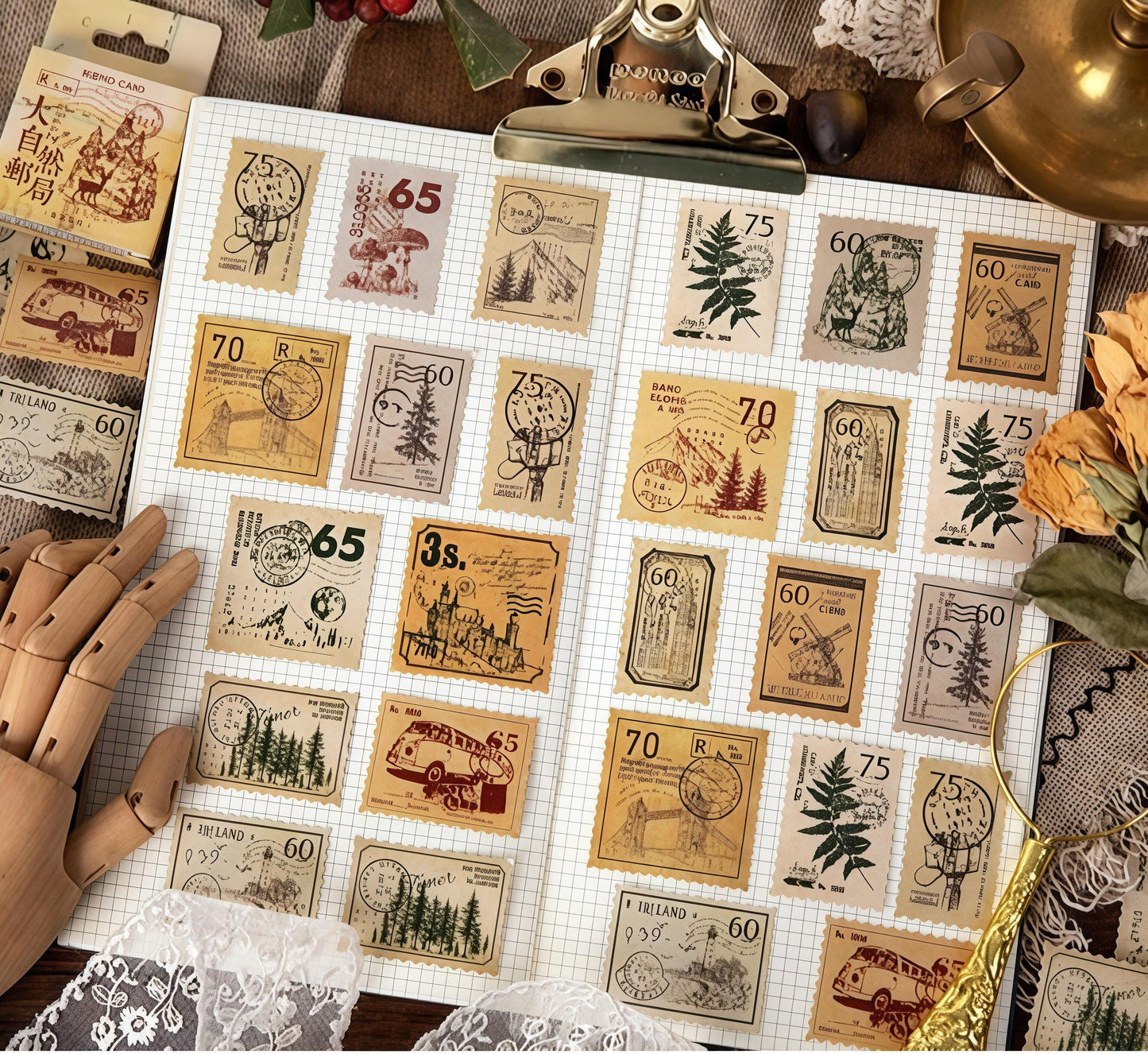 45pcs Retro Nature Stamp Sticker Pack | Forest Mountain Tree Mushroom Travel Stickers | Planner Junk Journal Stickers Supplies