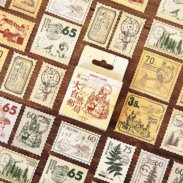 45pcs Retro Nature Stamp Sticker Pack | Forest Mountain Tree Mushroom Travel Stickers | Planner Junk Journal Stickers Supplies