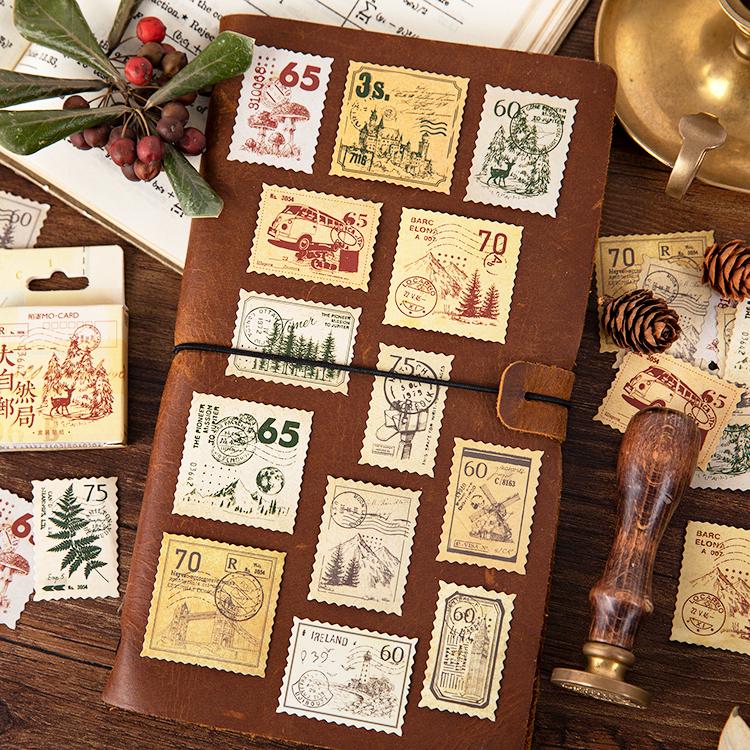 45pcs Retro Nature Stamp Sticker Pack | Forest Mountain Tree Mushroom Travel Stickers | Planner Junk Journal Stickers Supplies