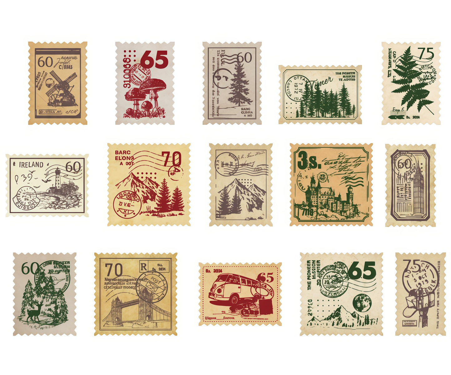 45pcs Retro Nature Stamp Sticker Pack | Forest Mountain Tree Mushroom Travel Stickers | Planner Junk Journal Stickers Supplies