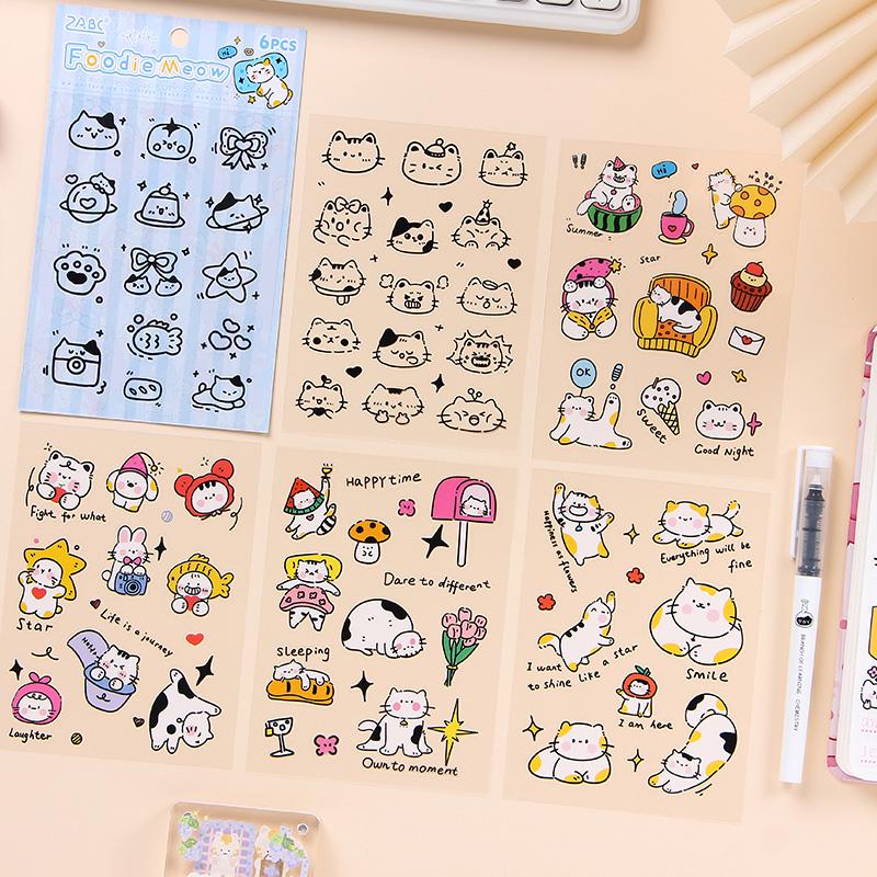 6 Sheets Cute Cat Stickers | Kitten Stickers | Kawaii Animal Planner Stickers Junk Journal Scrapbooking Supplies