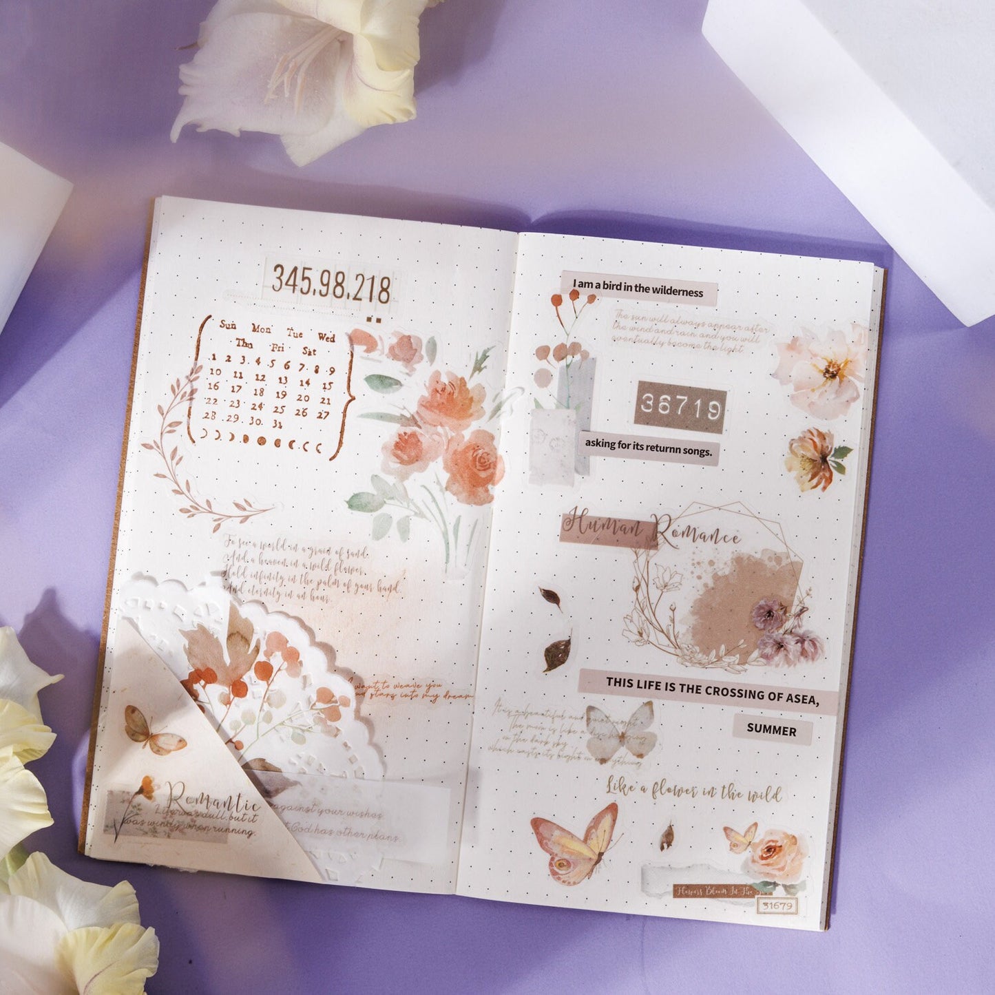 Programmed Flowering Stickers Book | PET Washi Paper Sticker Book | Journal Scrapbooking Collage Crafting Supplies | Planner Stickers
