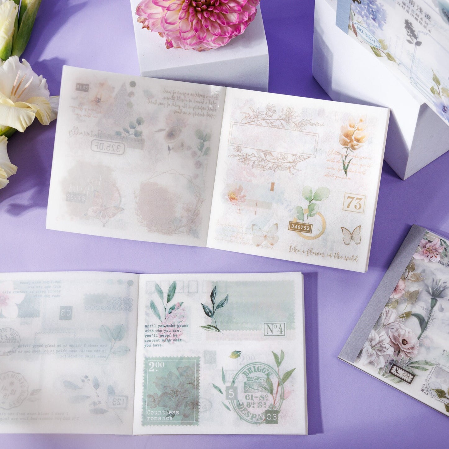 Programmed Flowering Stickers Book | PET Washi Paper Sticker Book | Journal Scrapbooking Collage Crafting Supplies | Planner Stickers