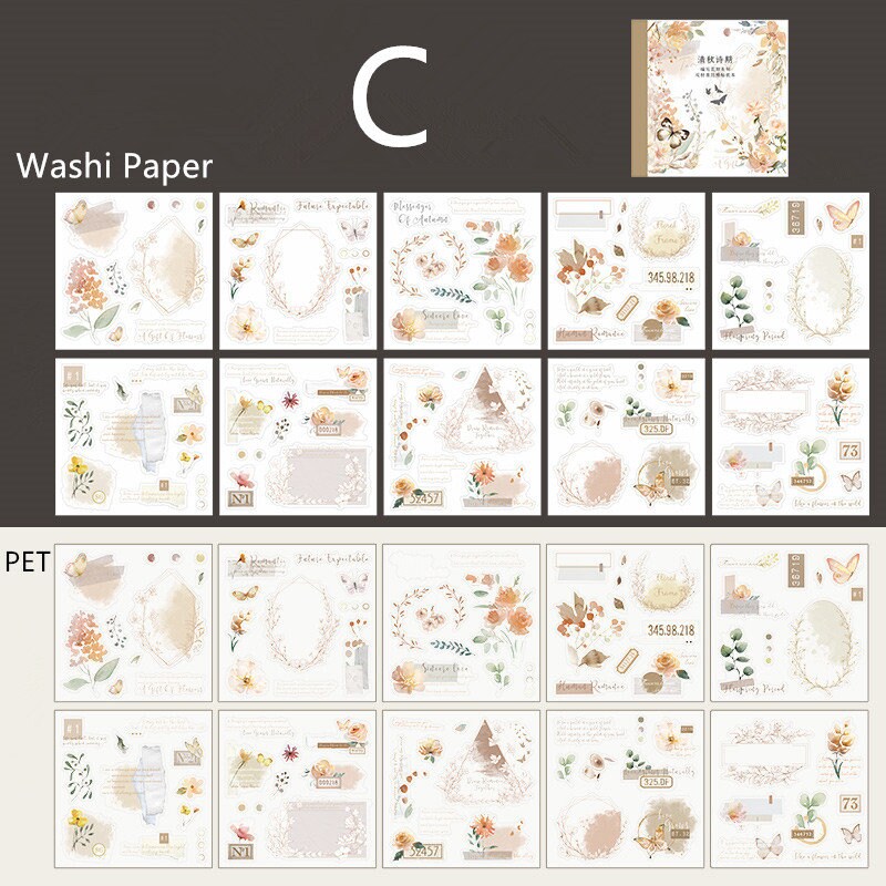 Programmed Flowering Stickers Book | PET Washi Paper Sticker Book | Journal Scrapbooking Collage Crafting Supplies | Planner Stickers