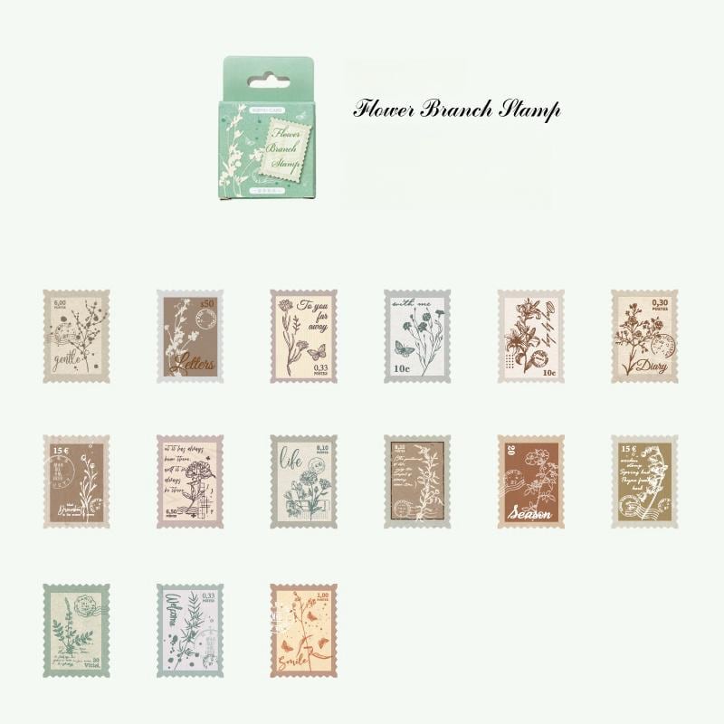 45pcs Flower Branch Stamp Sticker Pack | Retro Plant Stamp Stickers | Planner Junk Journal Stickers Supplies