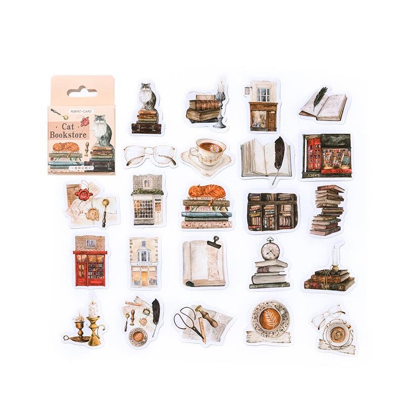 46pcs Cute Cat and Bookstore Sticker Pack / Junk Journal Stickers / Planner Sticker Set / Scrapbooking Kids Craft Supplies