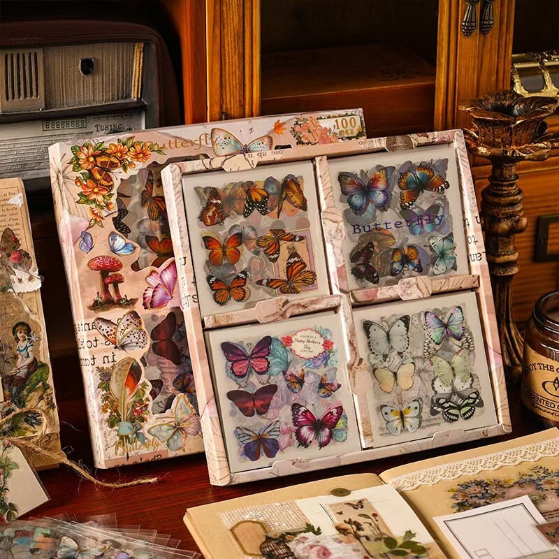 100 Sheets Vintage Butterfly and Flower Stickers Gift Set | Planner Sticker Kit | Junk Vintage Journal Collage Kit Scrapbooking Supplies