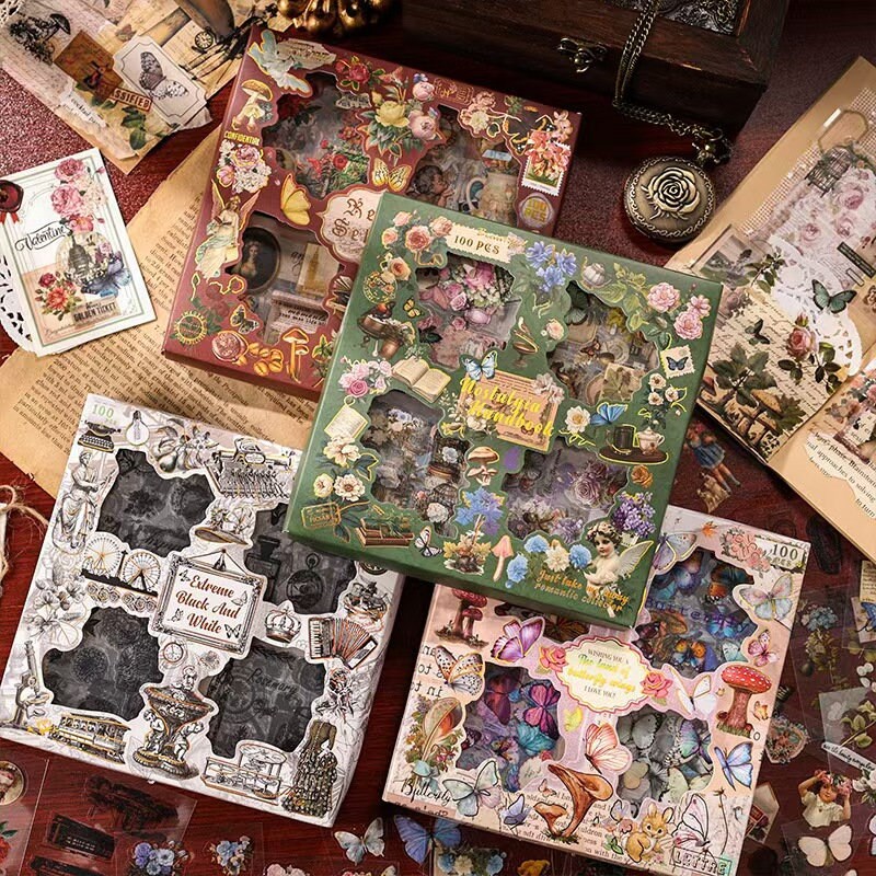 100 Sheets Vintage Butterfly and Flower Stickers Gift Set | Planner Sticker Kit | Junk Vintage Journal Collage Kit Scrapbooking Supplies