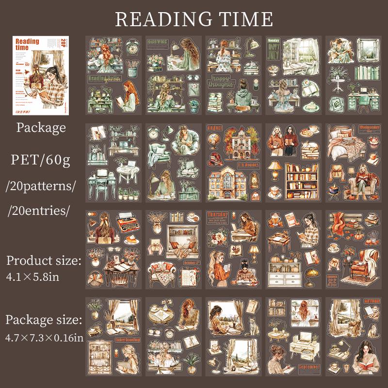 20 Sheets Character Girl's Life Coffee Reading Aesthetic Sticker Book|Planner Junk Journal Decorative Stickers Scrapbooking Collage Supplies