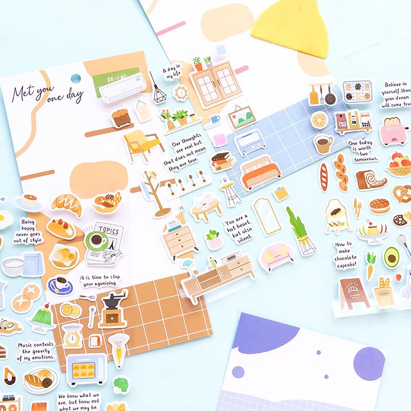Cute Daily Life Aesthetics Stickers | Kawaii Planner Decorative Stickers | Food Coffee Plant Makeup Room | Journal Scrapbooking Supplies
