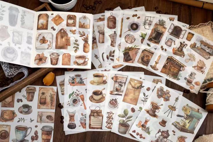 50 Sheets Watercolor Thick Sticker Book | Coffee Nature Landscape Travel Girls Stickers | PLanner Junk Journal Starter | Scrapbooking Craft
