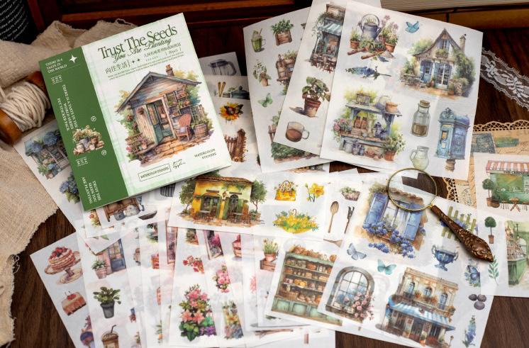 50 Sheets Watercolor Thick Sticker Book | Coffee Nature Landscape Travel Girls Stickers | PLanner Junk Journal Starter | Scrapbooking Craft