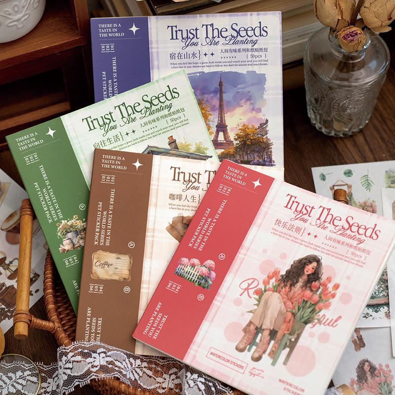 50 Sheets Watercolor Thick Sticker Book | Coffee Nature Landscape Travel Girls Stickers | PLanner Junk Journal Starter | Scrapbooking Craft