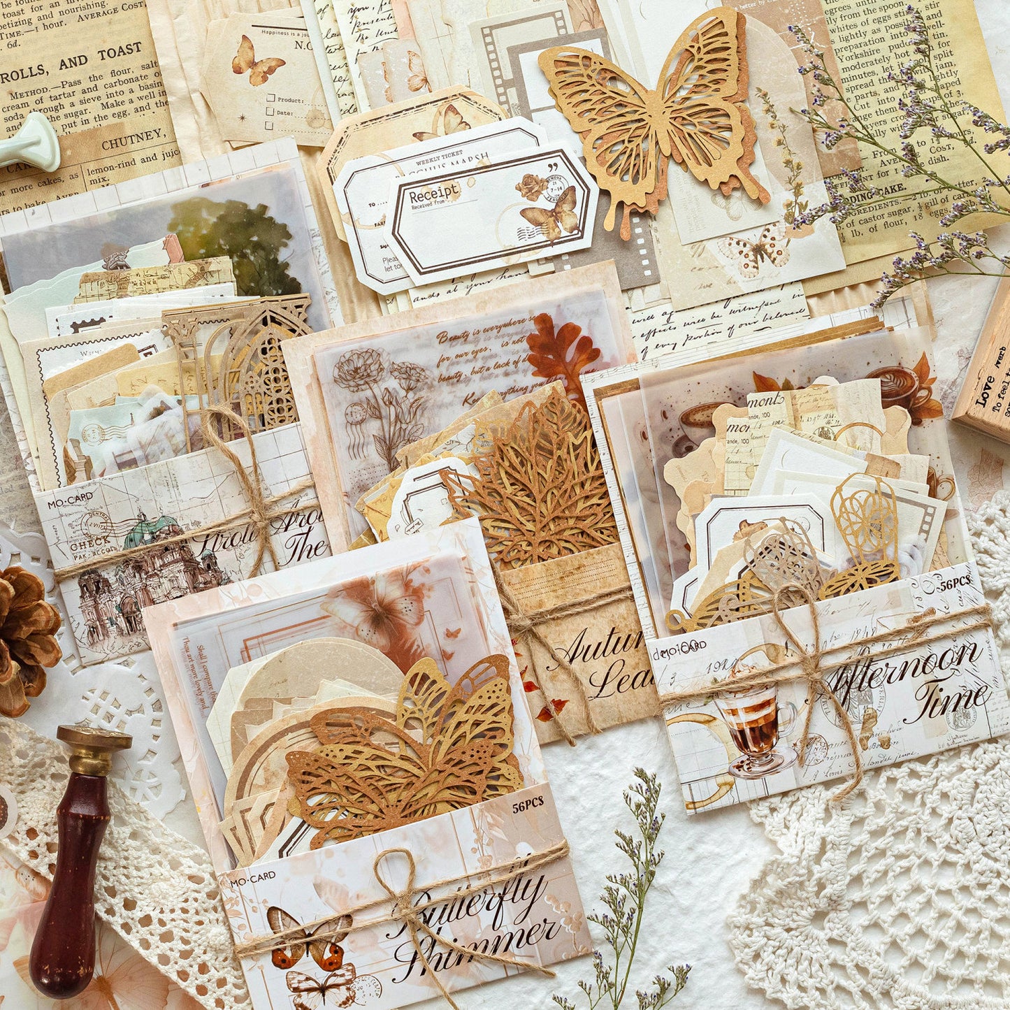 56pcs Vintage Material Pack | Junk Journal Kit | Lace Butterfly Collage Material Pack Creative Journaling Scrapbooking Supplies Stationery