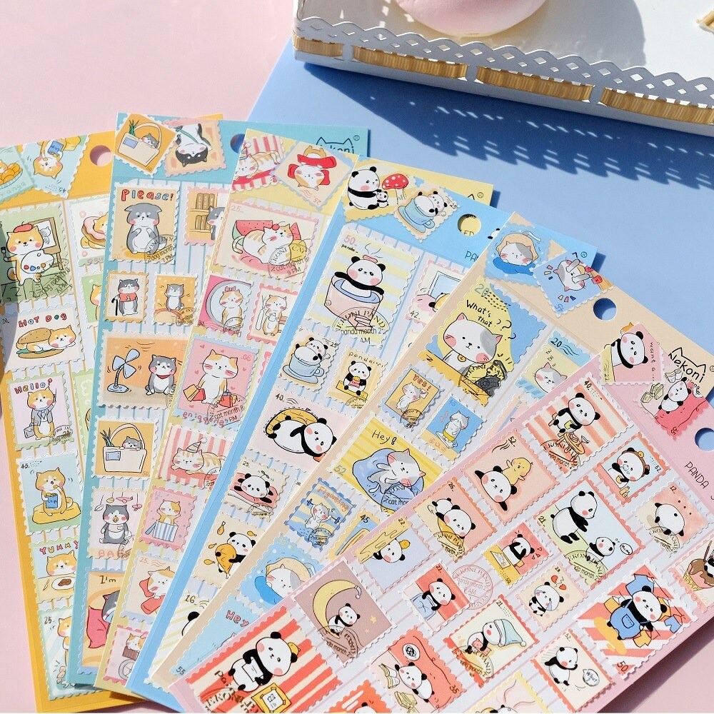 Nekoni Korean Cute Cat Dog Panda Stamp Stickers | Kawaii Animal Planner Stickers | Junk Journal Scrapbooking Collage Supplies