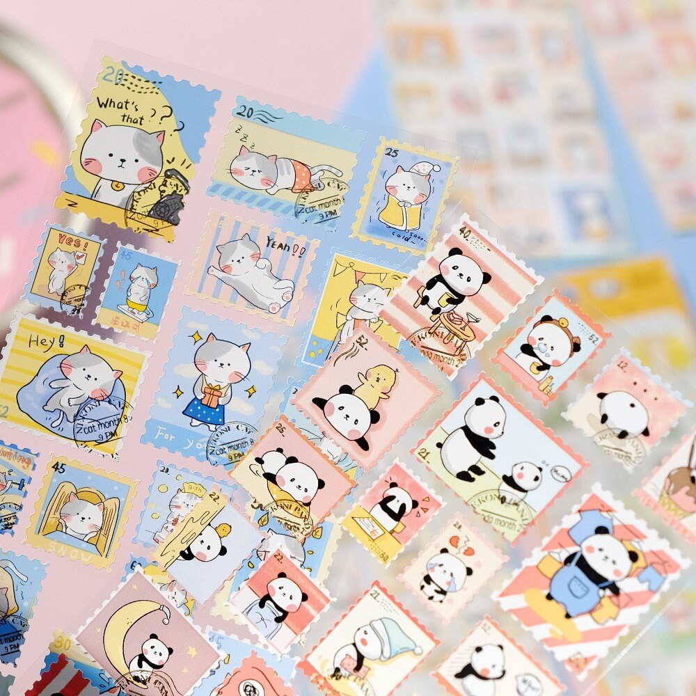 Nekoni Korean Cute Cat Dog Panda Stamp Stickers | Kawaii Animal Planner Stickers | Junk Journal Scrapbooking Collage Supplies