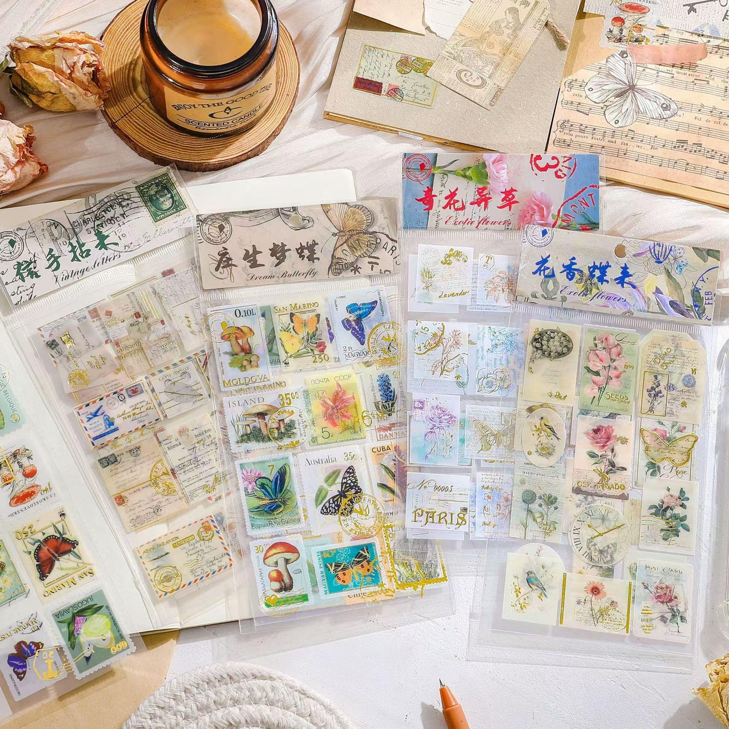 Vintage Nature Stamp PET Stickers | Retro Flower Plant Butterfly Letter Planner Stickers | Junk Journal Scrapbooking Collage Supplies