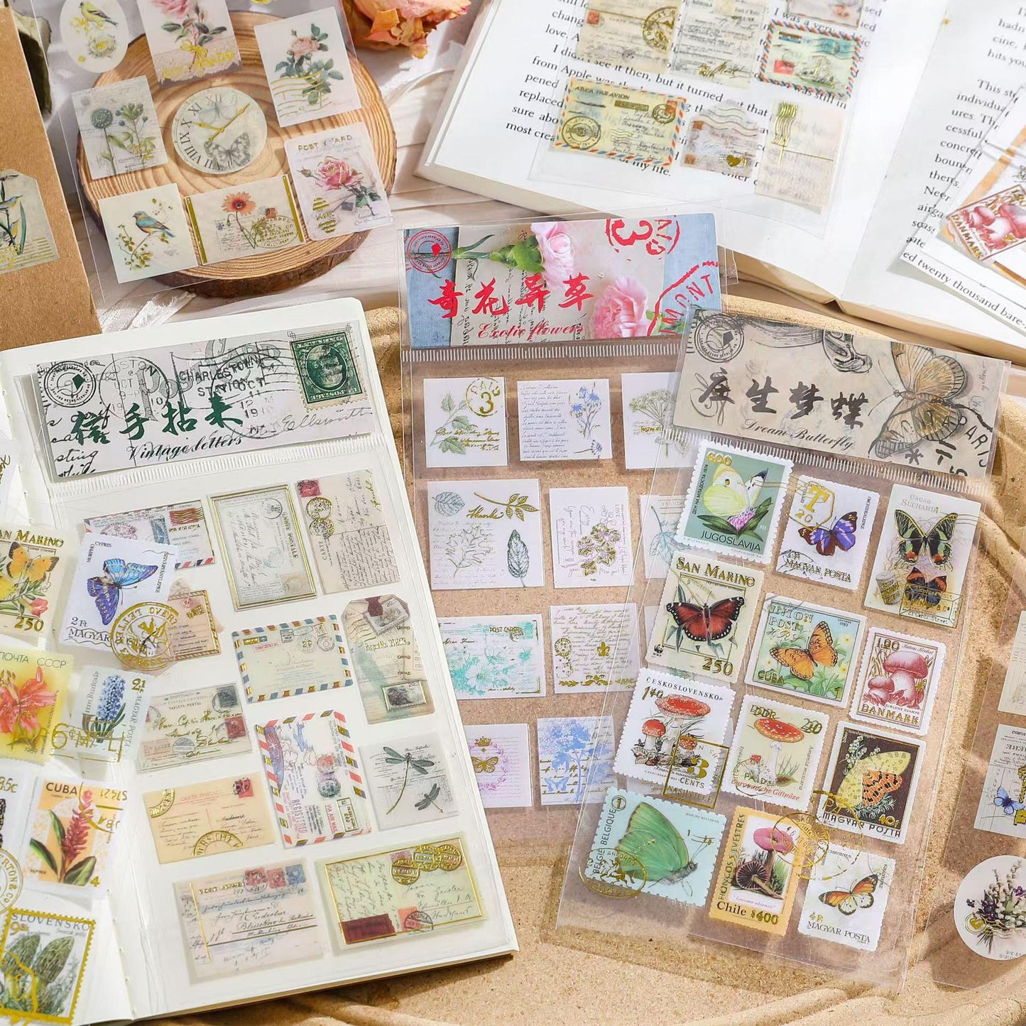 Vintage Nature Stamp PET Stickers | Retro Flower Plant Butterfly Letter Planner Stickers | Junk Journal Scrapbooking Collage Supplies