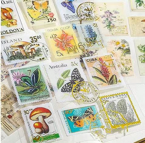 Vintage Nature Stamp PET Stickers | Retro Flower Plant Butterfly Letter Planner Stickers | Junk Journal Scrapbooking Collage Supplies