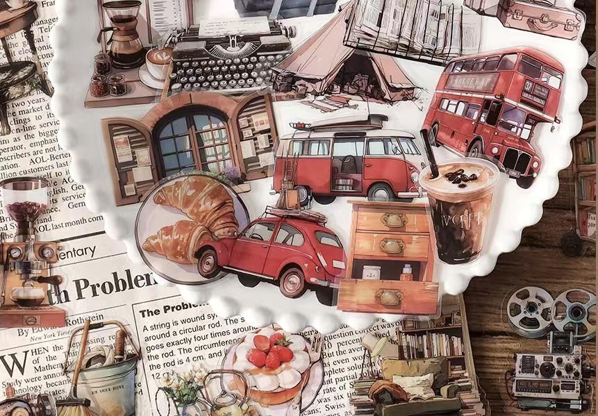 40pcs Retro Life Aesthetics Sticker Pack | Coffee Bread Bus Book Stickers | Planner Sticker Set | Junk Journal | Die Cut Deco Stickers