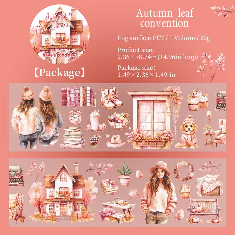 Cozy Autumn Leaves and Girls Tape | Autumn Scenery Reading Books PET Tape | Junk Journal Collage Stickers Supplies | Decorative Tapes