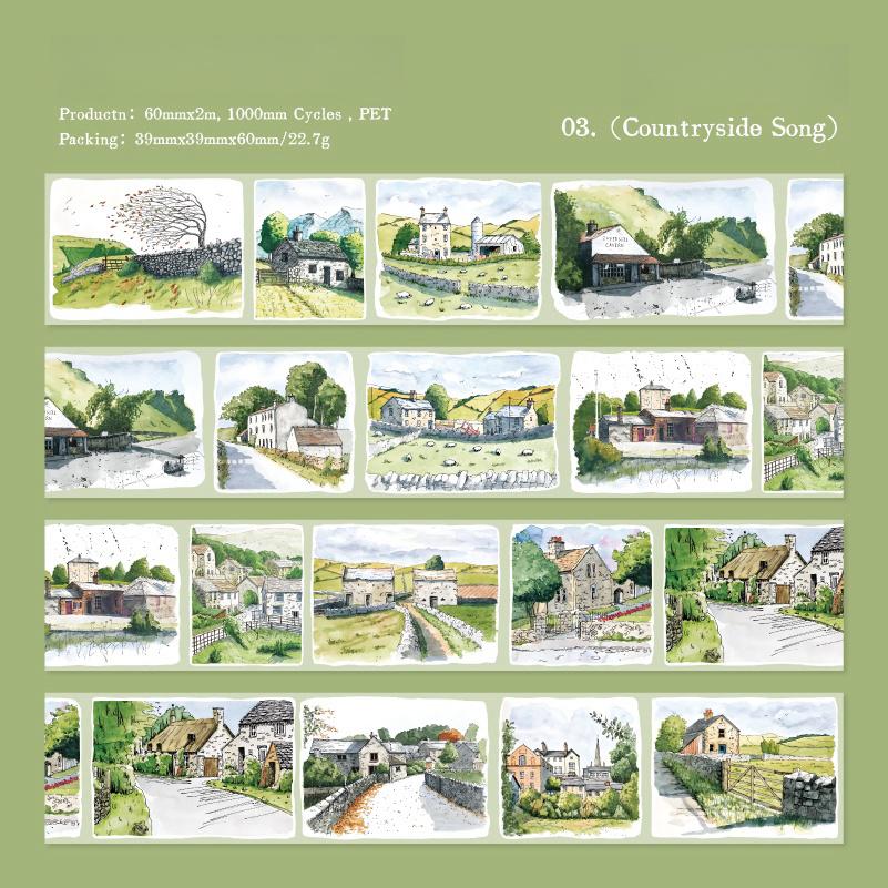 Ins Beautiful Scenery House and Four Seasons Tape | Street Building Countryside Snow Village Washi tape | Washi Tape Roll | Gift Wrapping