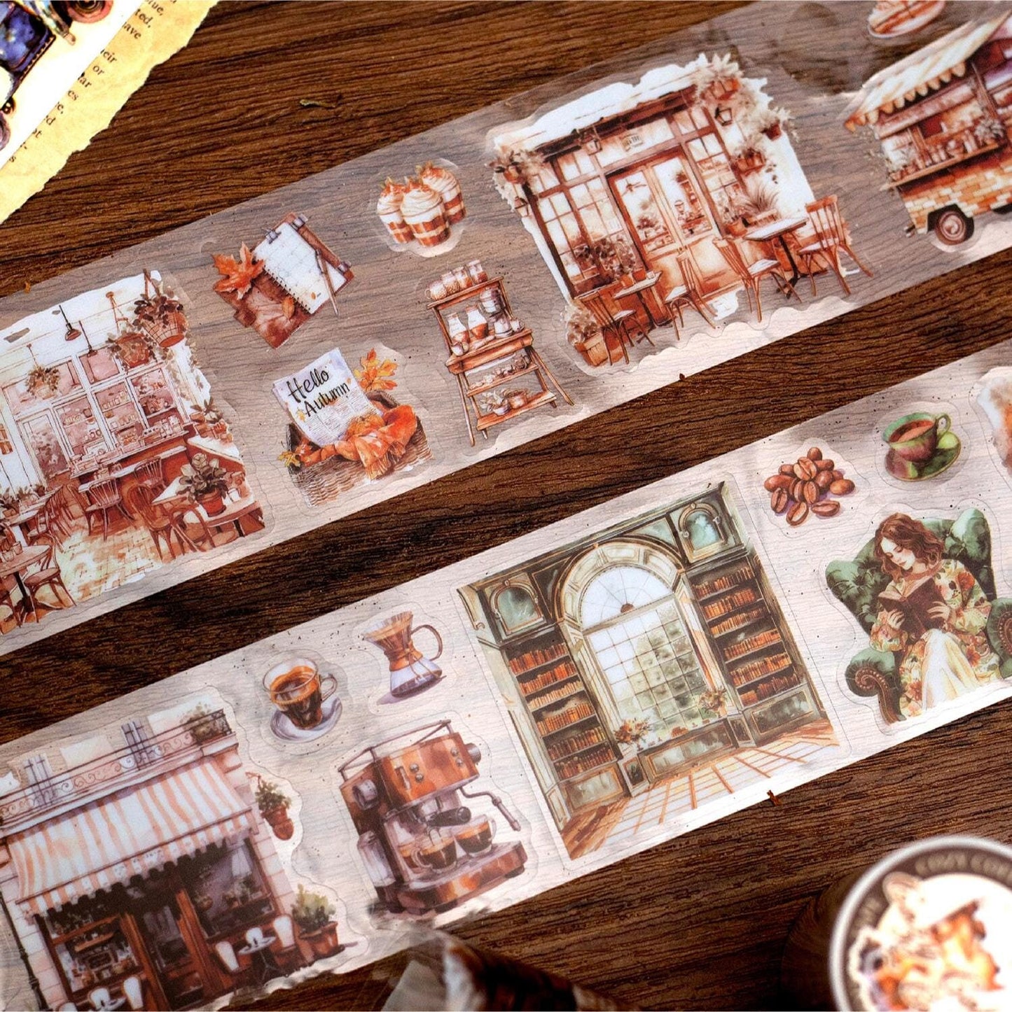 Cozy Coffee Corner PET Tape | Coffee Decorative PET tape | Journal Scrapbooking Collage Crafting Supplies | Coffee Lover Gift