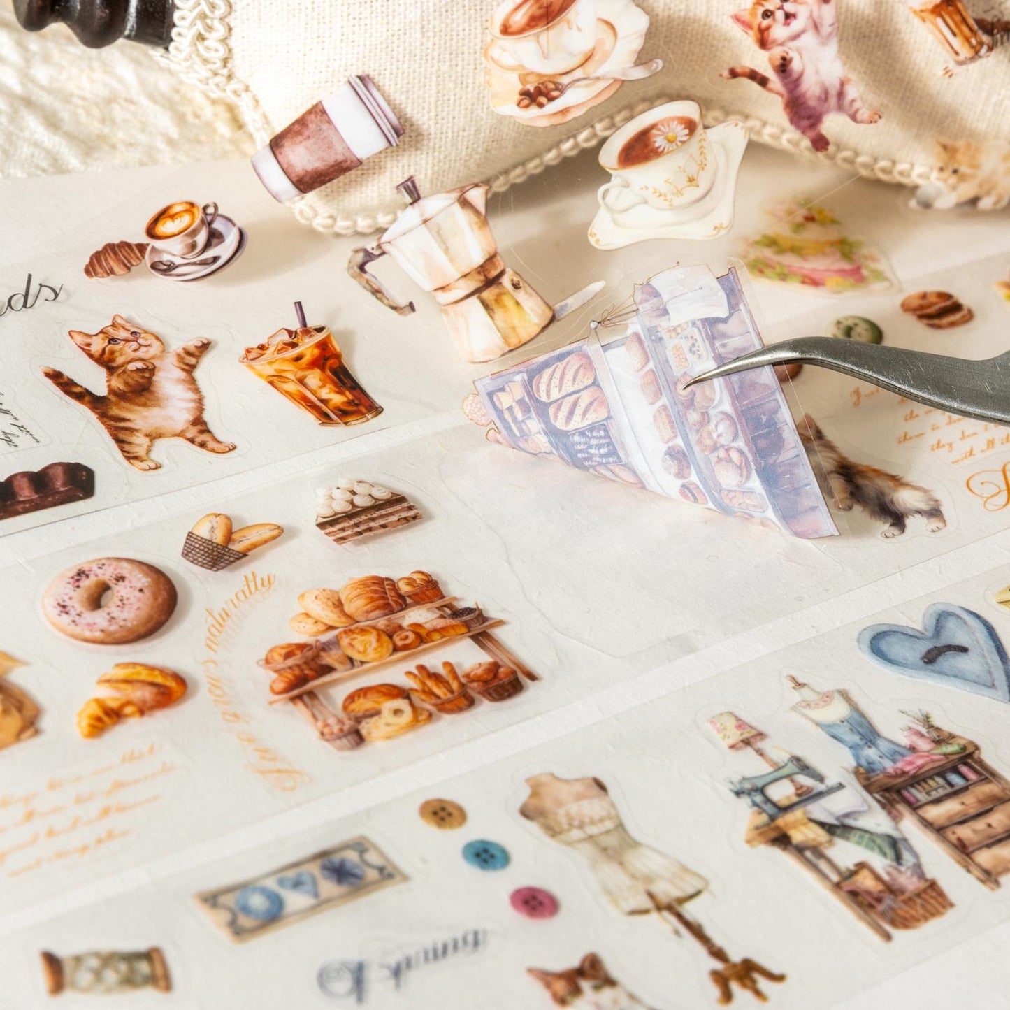 Cute Cat Coffee Die-Cut PET Tape | Coffee Cat Decorative PET Tape | Journal Scrapbooking Collage Crafting Supplies | Cat Coffee Lover Gift