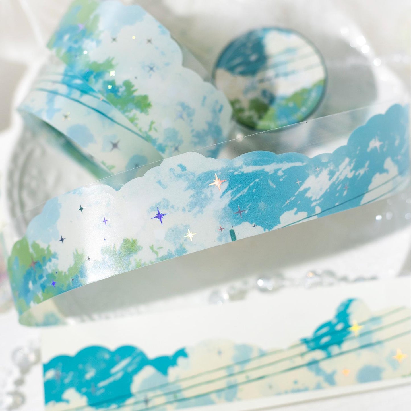 Above The Cloud PET Tape | Silver Foiled | Nature Sky Cloud Moon Star PET Tape Roll | Decorative Tapes | Junk Journal Collage Supplies