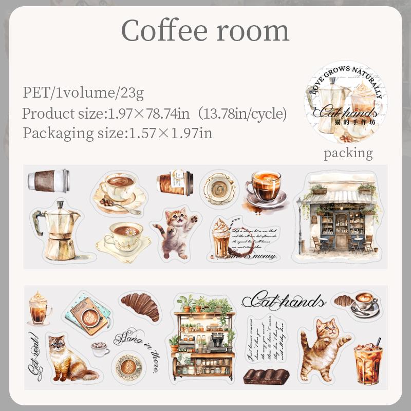 Cute Cat Coffee Die-Cut PET Tape | Coffee Cat Decorative PET Tape | Journal Scrapbooking Collage Crafting Supplies | Cat Coffee Lover Gift