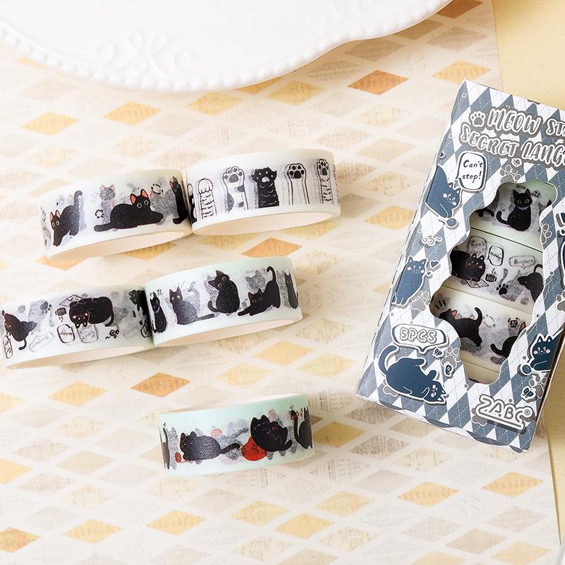 5 Rolls Cute Kitten Washi Tape Set | Kawaii Cartoon Cat Decor Decorative Tape | Creative DIY Journal Planner Collage School Stationery