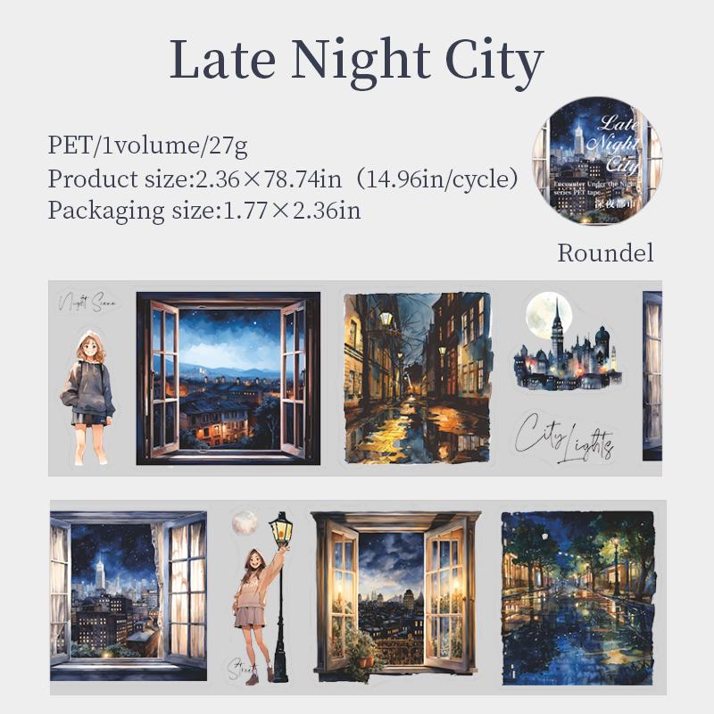 Night Scenery PET Die Cut Tape | Girl Night Window Stickers | Junk Journal Planner Bullet Journal Collage Craft Scrapbooking Supplies