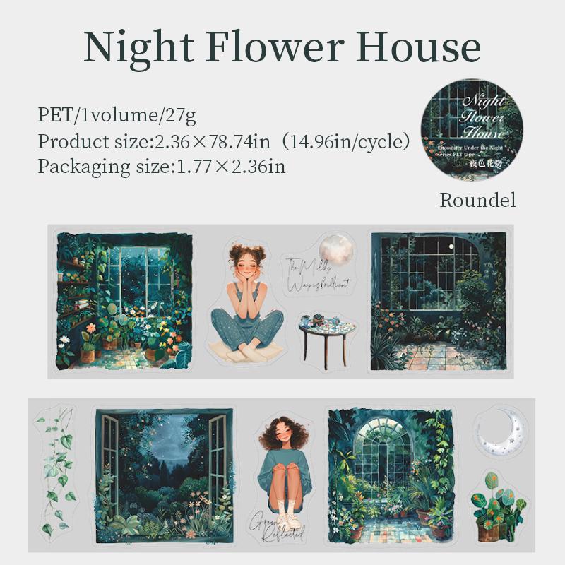Night Scenery PET Die Cut Tape | Girl Night Window Stickers | Junk Journal Planner Bullet Journal Collage Craft Scrapbooking Supplies