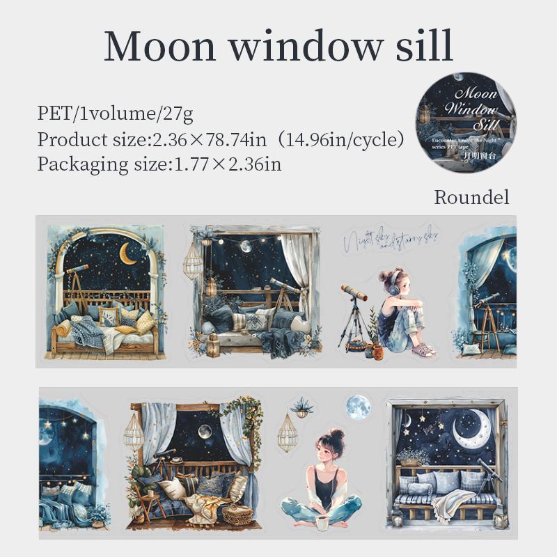 Night Scenery PET Die Cut Tape | Girl Night Window Stickers | Junk Journal Planner Bullet Journal Collage Craft Scrapbooking Supplies