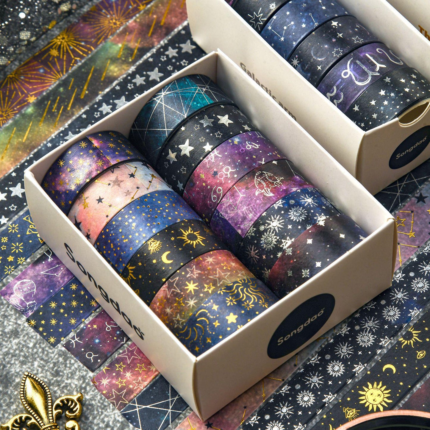 Universe-themed Washi Tape Set | Star Moon Horoscope Galaxy | Gold Sliver Foil | Decorative Tape for Bullet Journal Planner Crafts