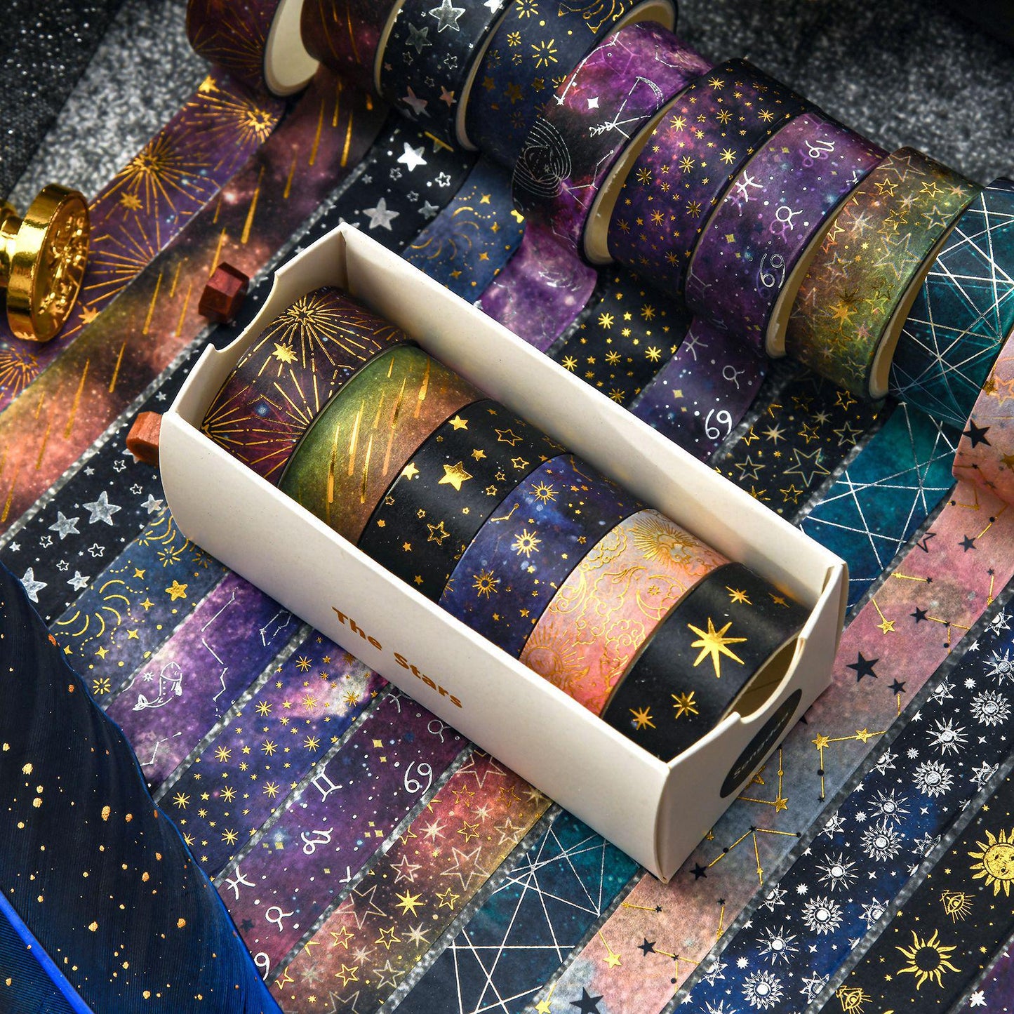 Universe-themed Washi Tape Set | Star Moon Horoscope Galaxy | Gold Sliver Foil | Decorative Tape for Bullet Journal Planner Crafts