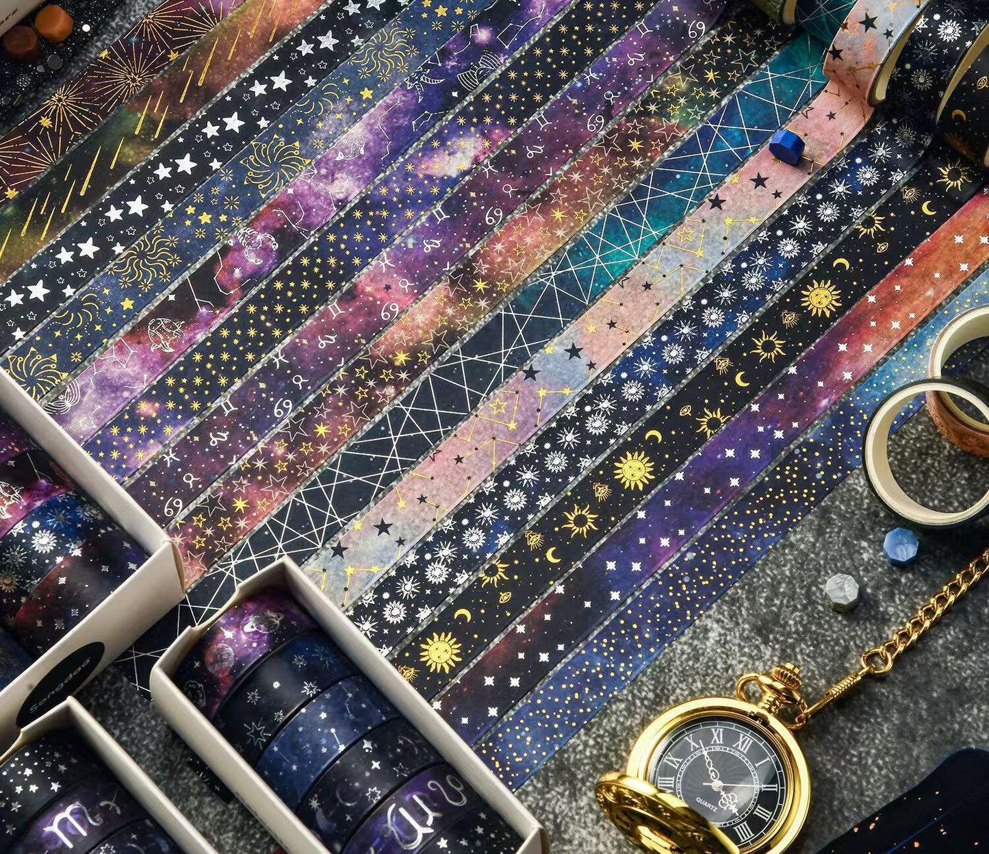 Universe-themed Washi Tape Set | Star Moon Horoscope Galaxy | Gold Sliver Foil | Decorative Tape for Bullet Journal Planner Crafts