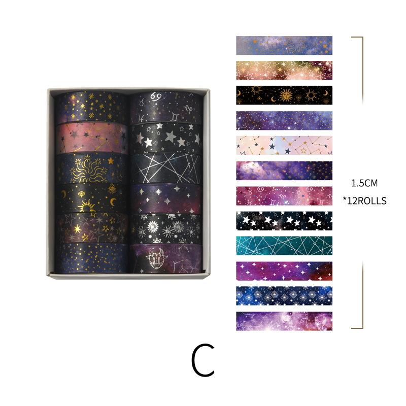Universe-themed Washi Tape Set | Star Moon Horoscope Galaxy | Gold Sliver Foil | Decorative Tape for Bullet Journal Planner Crafts