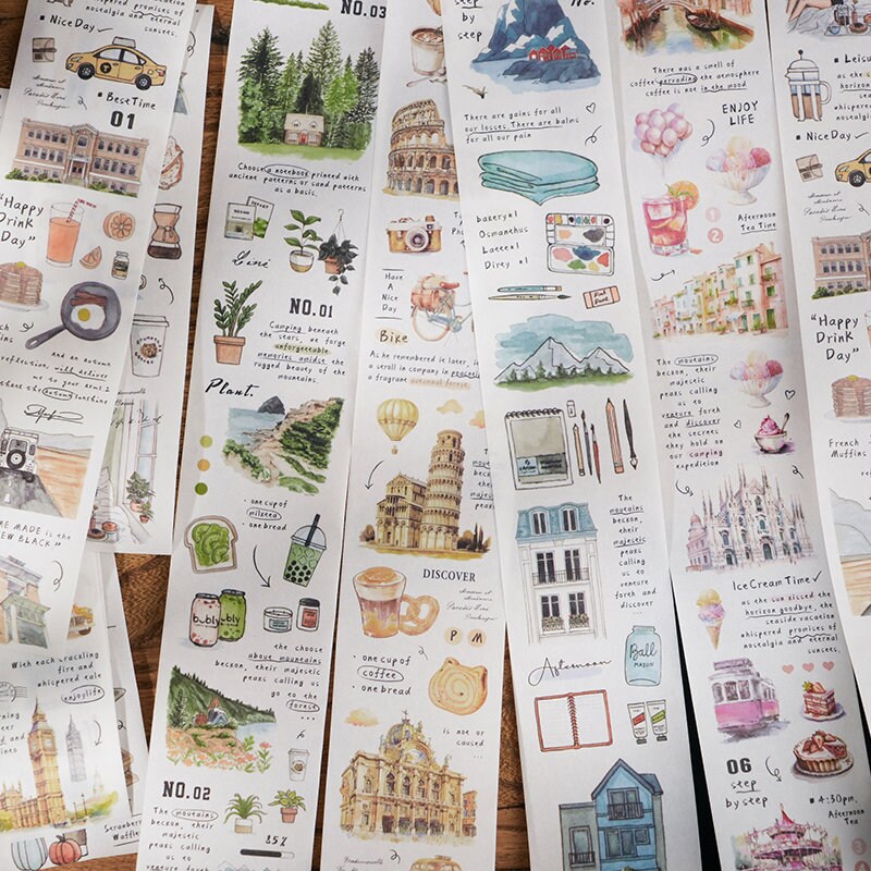Hand-drawn Life Aesthetics Washi Tape | Travel Coffee Bread Building | Planner Journal Decorative Tape | Craft Scrapbooking Supplies