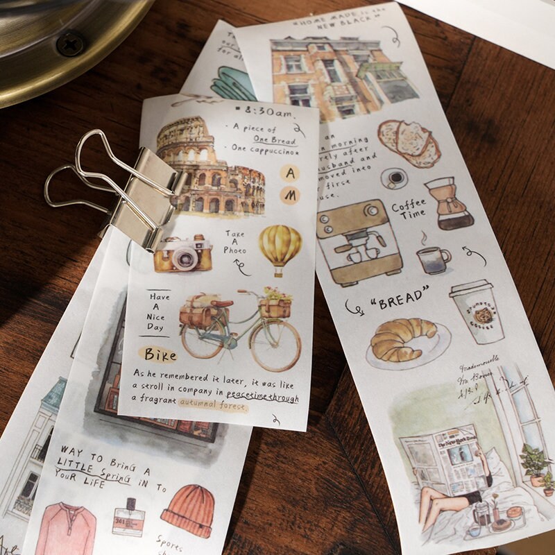 Hand-drawn Life Aesthetics Washi Tape | Travel Coffee Bread Building | Planner Journal Decorative Tape | Craft Scrapbooking Supplies