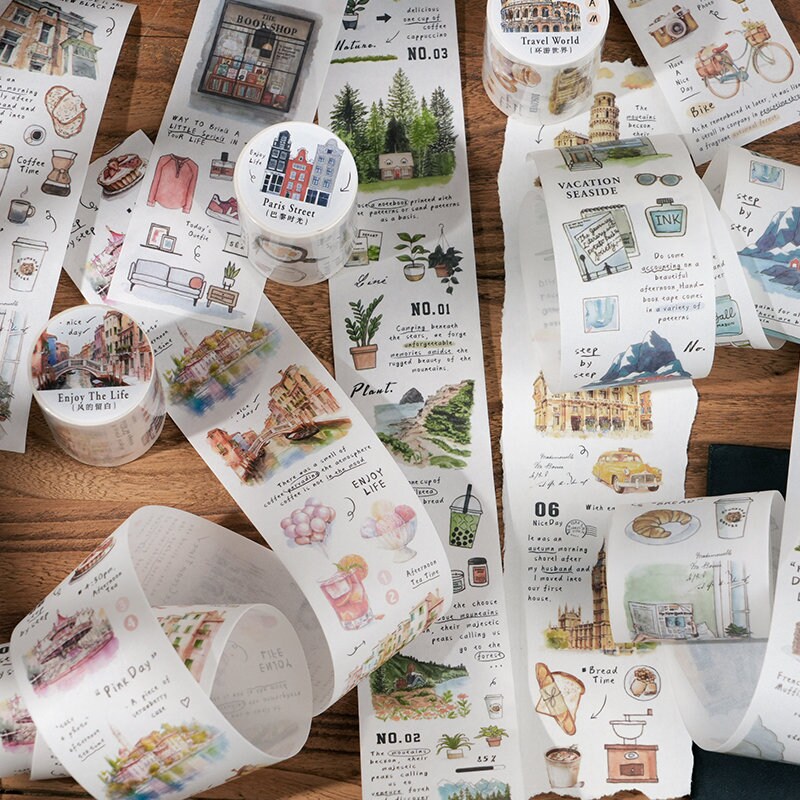 Hand-drawn Life Aesthetics Washi Tape | Travel Coffee Bread Building | Planner Journal Decorative Tape | Craft Scrapbooking Supplies