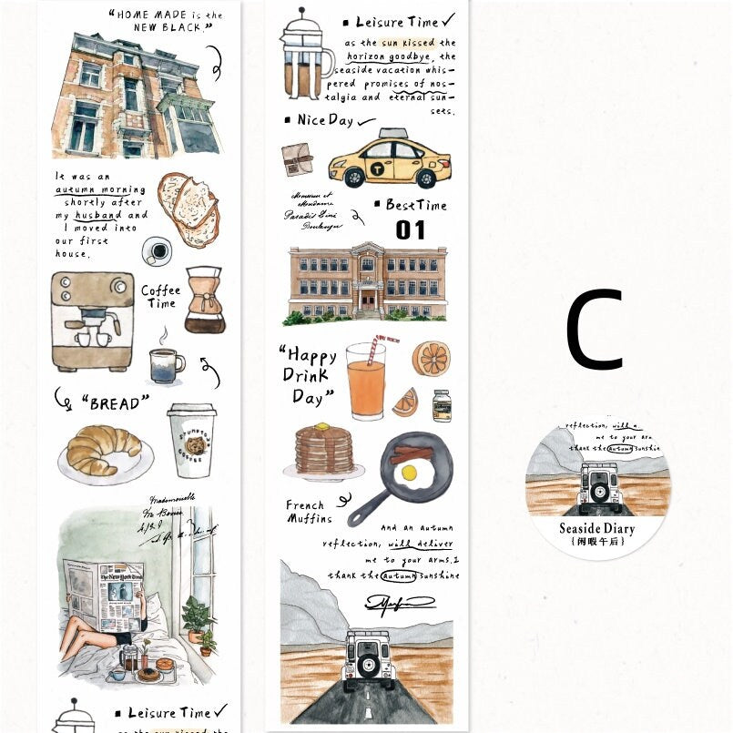 Hand-drawn Life Aesthetics Washi Tape | Travel Coffee Bread Building | Planner Journal Decorative Tape | Craft Scrapbooking Supplies