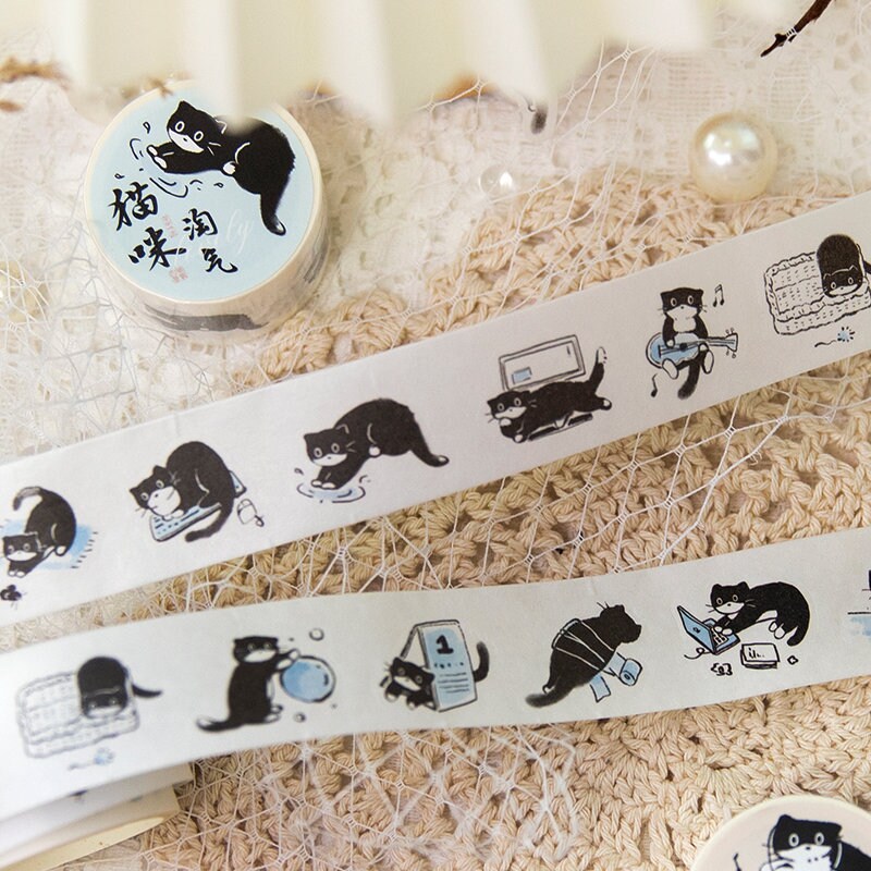 Kawaii Black Cat Daily Life Washi Tape | Cat Decor Material Decorative Tape | Creative DIY Journal Planner School Stationery