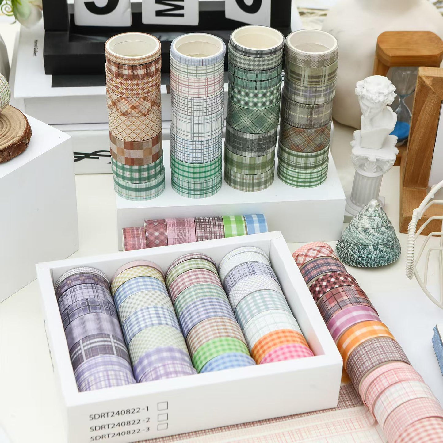 32 Rolls Creamcolor Plaid Washi Tape Set | Basic Japanese Washi Tape | Decorative Tapes | Planner Bullet Journal Collage Supplies