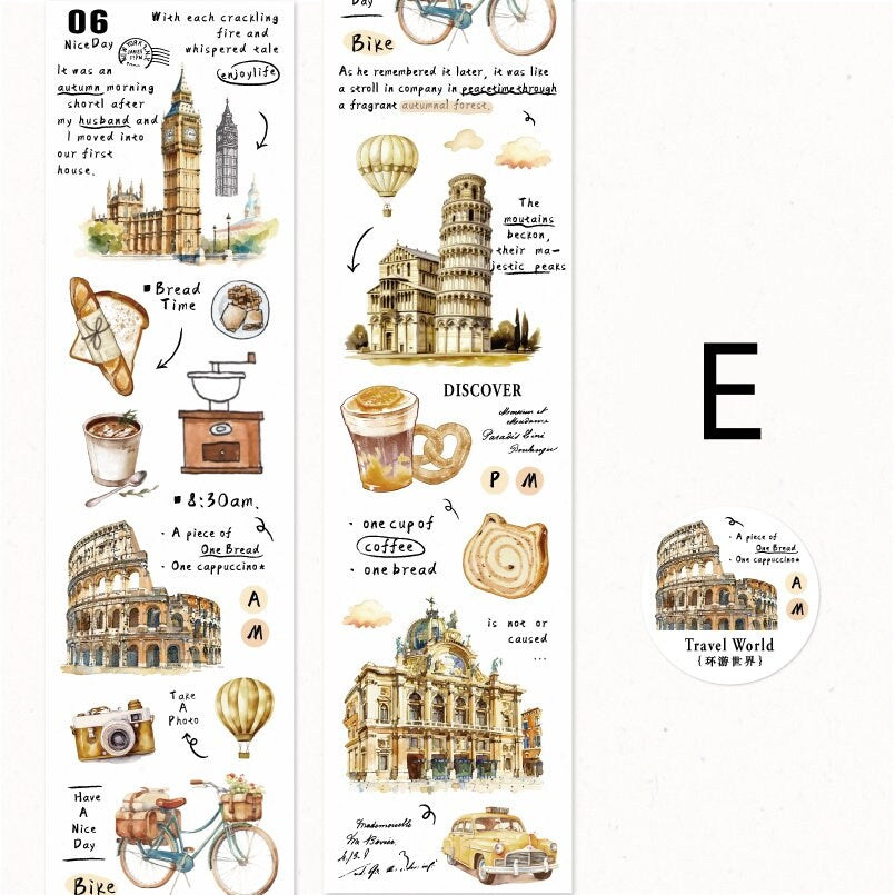 Hand-drawn Life Aesthetics Washi Tape | Travel Coffee Bread Building | Planner Journal Decorative Tape | Craft Scrapbooking Supplies