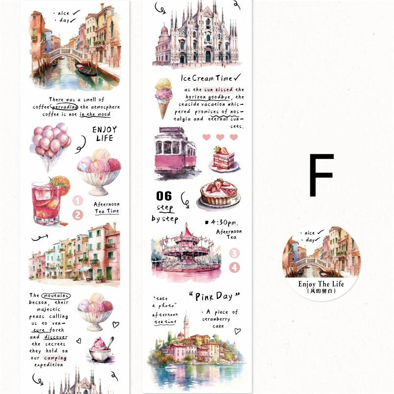 Hand-drawn Life Aesthetics Washi Tape | Travel Coffee Bread Building | Planner Journal Decorative Tape | Craft Scrapbooking Supplies