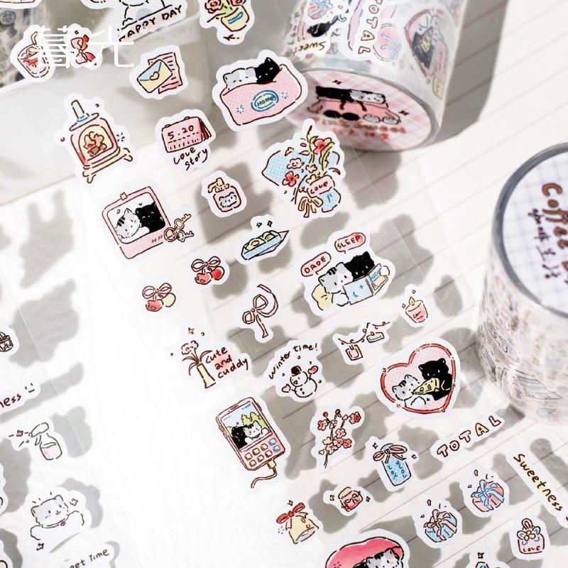 Kawaii Cat Daily Life Washi Tape | Cat Coffee Flower Decor Material Decorative Tape | Creative DIY Journal Planner School Stationery