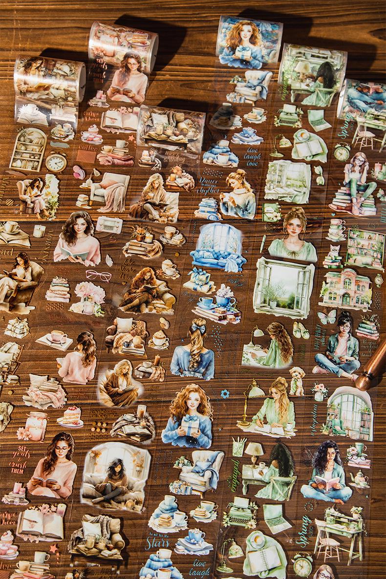 Reading Girl PET Tape | Character Life Aesthetics Planner Decorative Tape | Masking Tape | Bookworm Booklover Gift | Collage Junk Journal
